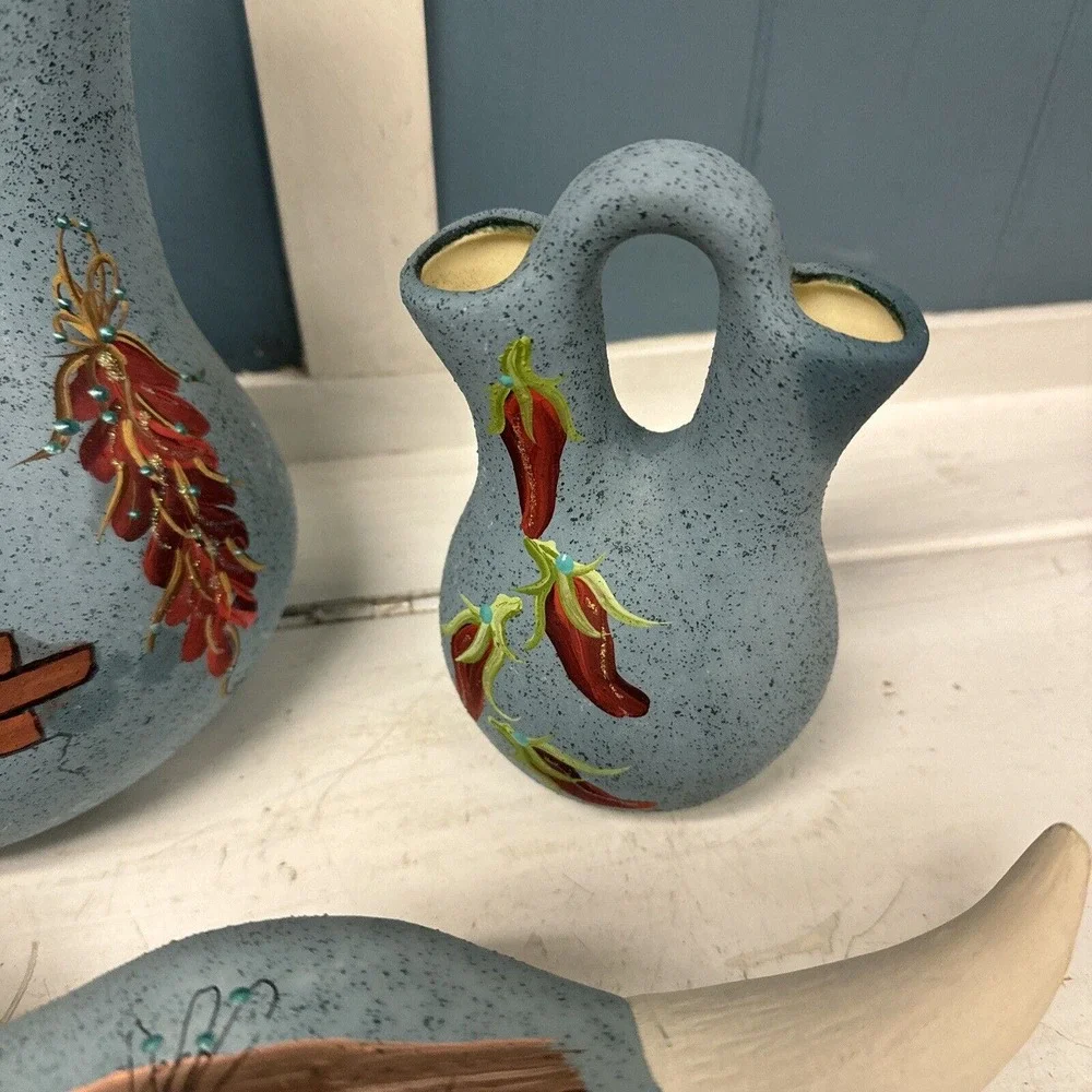 Lot 3 Hozoni Pottery Hand Painted Bull Skull Aqua Native American Indian + Vases